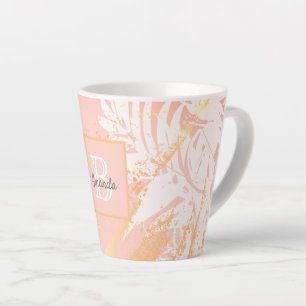 Rose gold palm tree leaves monogram latte mug