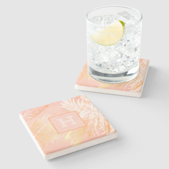 Rose gold palm tree leaves monogram stone coaster (Side)