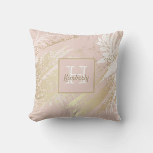 Rose gold palm tree leaves white monogram cushion