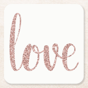 Rose gold paper coasters, love, glitter font square paper coaster