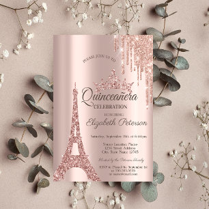 Rose Gold Paris Eiffel Tower,Drips Quinceañera Invitation