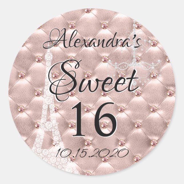 Rose Gold Paris Sweet Sixteen Birthday Party Classic Round Sticker (Front)