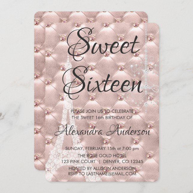 Rose Gold Paris Sweet Sixteen Birthday Party Invitation (Front/Back)