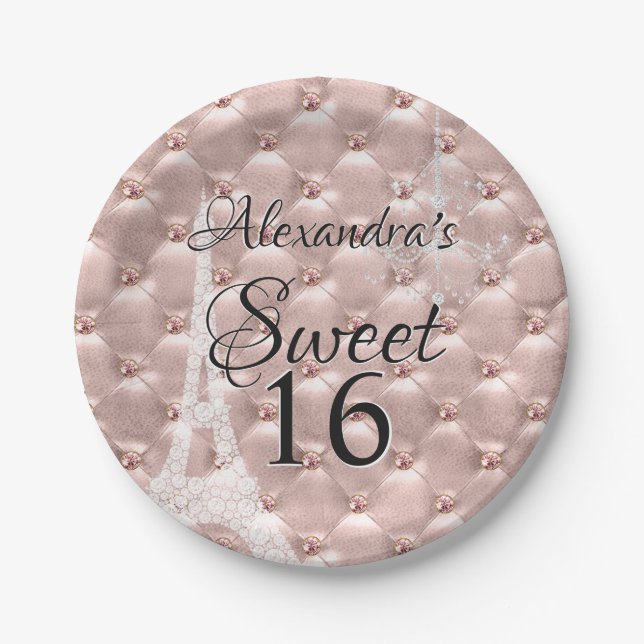 Rose Gold Paris Sweet Sixteen Birthday Party Paper Plate (Front)