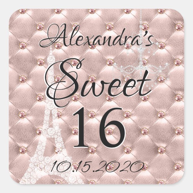 Rose Gold Paris Sweet Sixteen Birthday Party Square Sticker (Front)