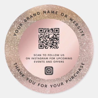 Rose Gold Pastel Glitter Thank You QR Code Classic Round Sticker