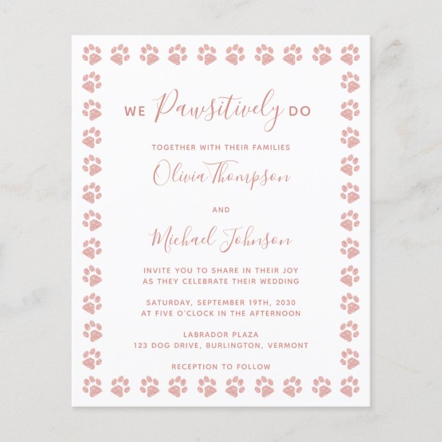 Rose Gold Paw Prints Budget Wedding Postcard (Front)