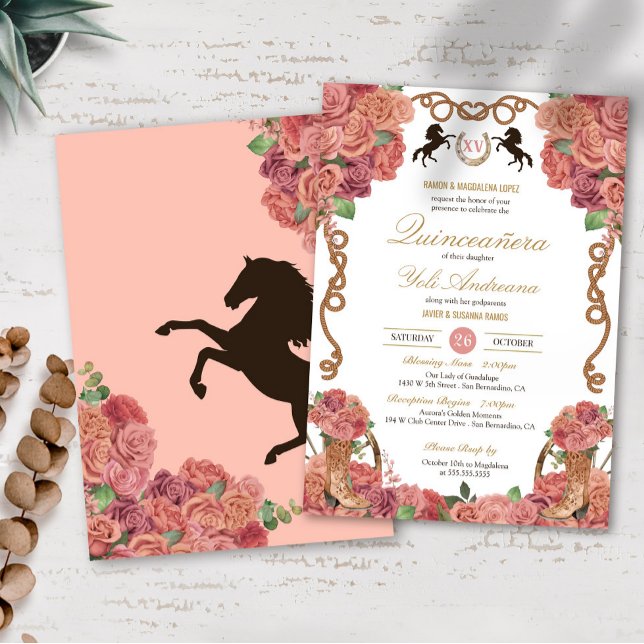 Rose Gold Peach Floral Charro Ranch Quinceañera Invitation (Creator Uploaded)