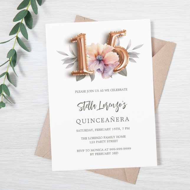 Rose gold peach floral green luxury Quinceanera Invitation (Creator Uploaded)