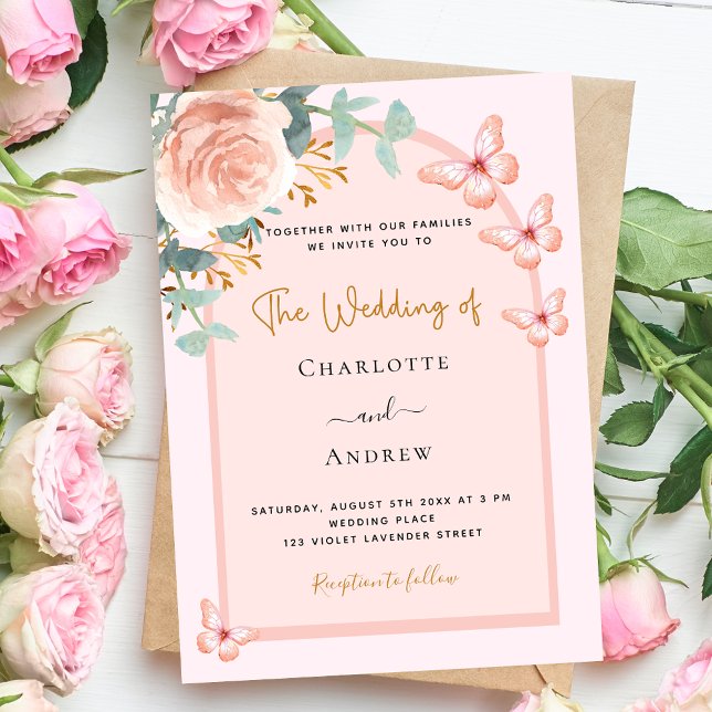 Rose gold peach floral greenery arch wedding invitation (Creator Uploaded)