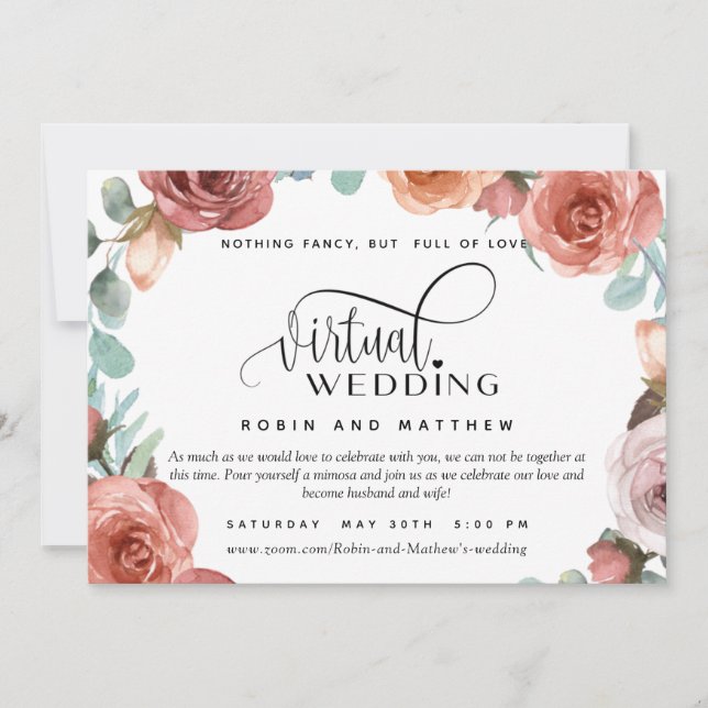 Rose Gold Peach Floral  Online Virtual Wedding Invitation (Front)