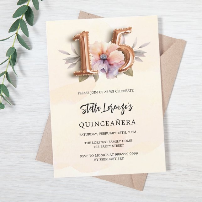 Rose gold peach floral Quinceanera Invitation (Creator Uploaded)