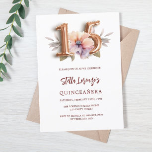 Rose gold peach floral Quinceanera Invitation