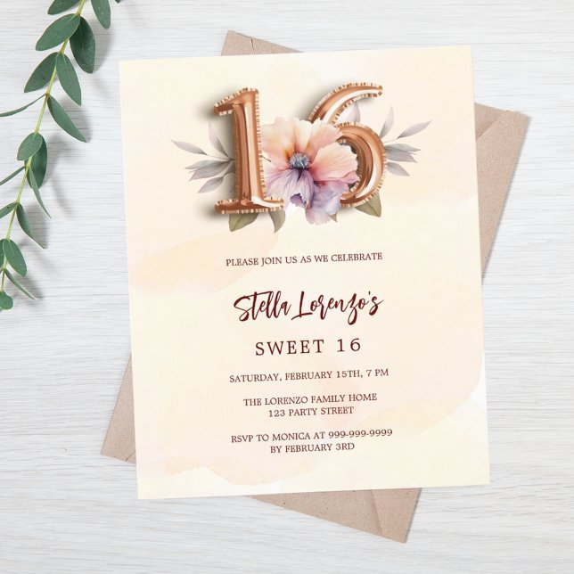Rose gold peach floral Sweet 16 budget invitation (Creator Uploaded)