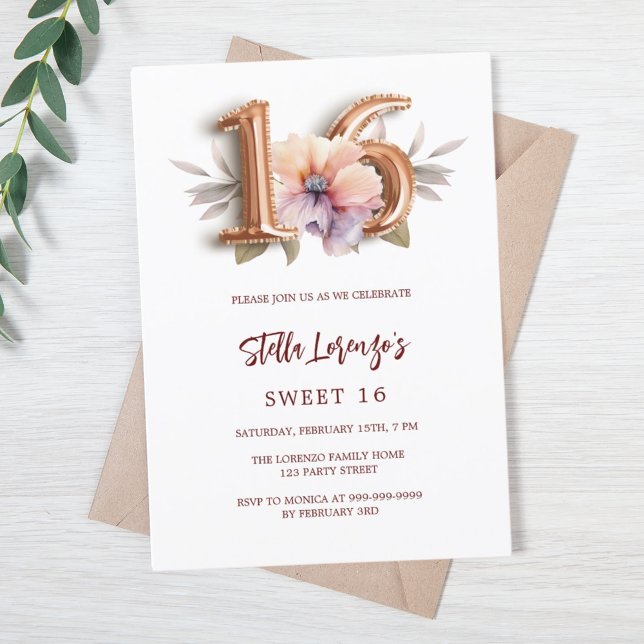 Rose gold peach floral Sweet 16 luxury Invitation (Creator Uploaded)