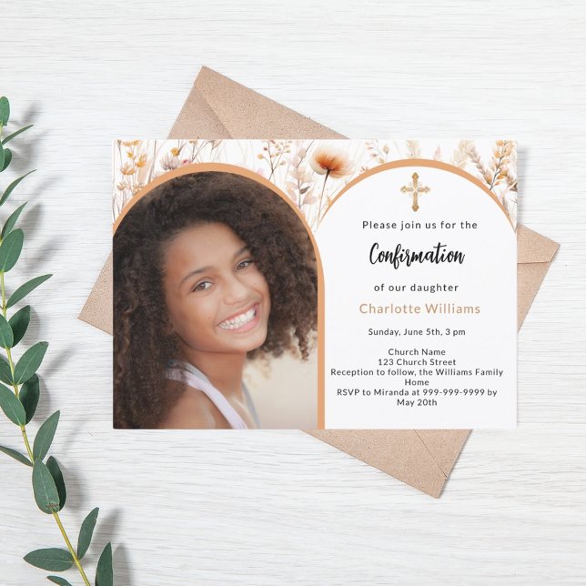 Rose gold peach florals photo arch Confirmation Invitation (Creator Uploaded)