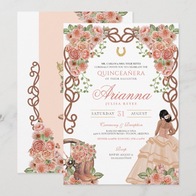 Rose Gold Peach Pink Western Charro Quinceañera Invitation (Front/Back)