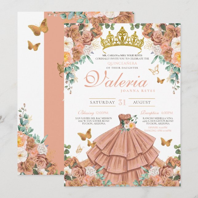 Rose Gold Peach Princess Butterfly Quinceanera  Invitation (Front/Back)