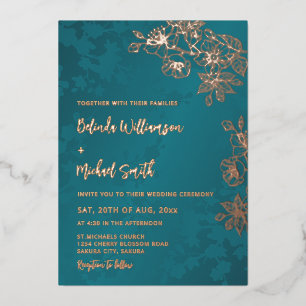 Rose Gold Peacock Green Floral Wedding