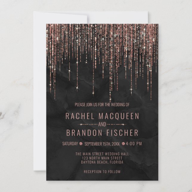 Rose Gold Pearl Marble Glitter Fringe Wedding Invi Invitation (Front)