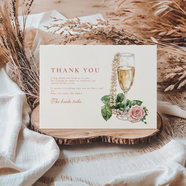 Rose Gold Pearls and Prosecco Bridal Shower Thank You Card (Creator Uploaded)