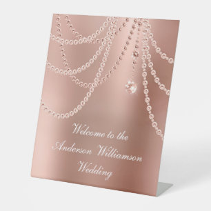 Rose Gold Pearls Diamonds Wedding Welcome Pedestal Sign