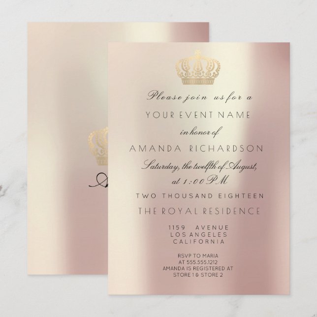 Rose Gold Pearly Crown Royal Glitter 16th Bridal Invitation (Front/Back)