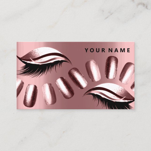 Rose Gold Pearly Nails Lashes Vip Metallic Business Card (Front)