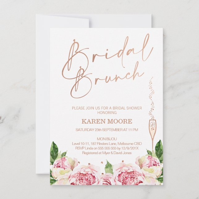 Rose Gold  Peonies Bridal Brunch Shower Invitation (Front)