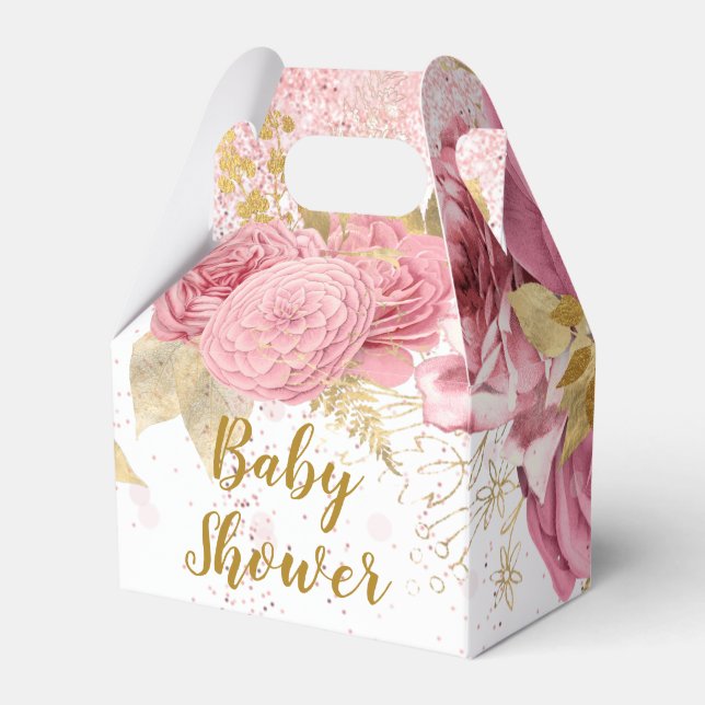 Rose Gold Peonies Glitter Girl Baby Shower Favour Box (Front Side)