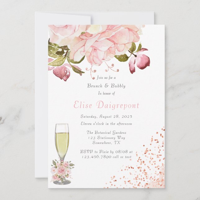 Rose Gold Peony Flowers Glitter Brunch & Bubbly Invitation (Front)