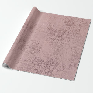 Rose Gold Peony Outline Pattern on Blush Pink Wrapping Paper