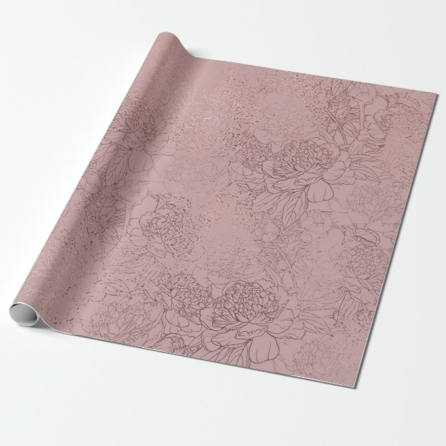 Rose Gold Peony Outline Pattern on Blush Pink Wrapping Paper (Unrolled)