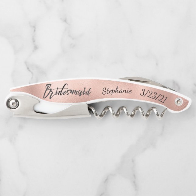 Rose Gold  Personalised Bridesmaid Wedding Custom Corkscrew (Front)