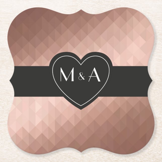Rose gold personalised couple's monograms in heart paper coaster (Front)