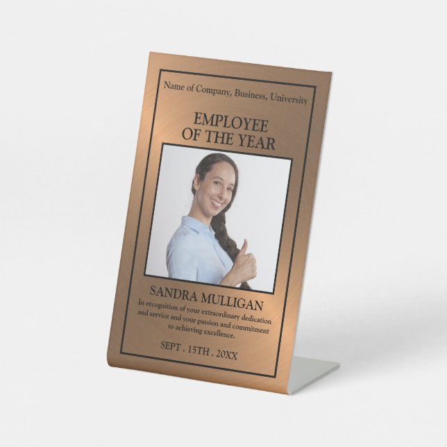 Rose Gold/Personalised Photo - Employee Award Pedestal Sign (Front)