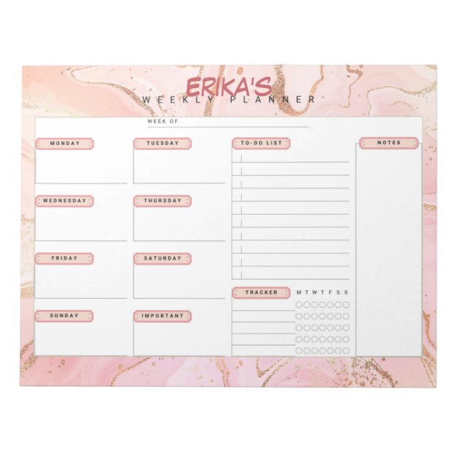 Rose Gold Personalised Weekly Planner Notepad (Front)