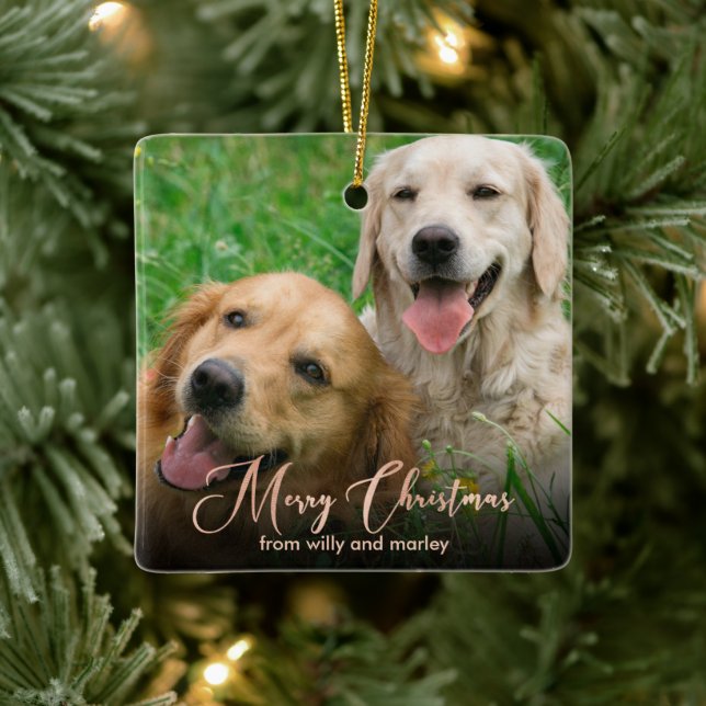 Rose Gold Pet Photo Merry Christmas Script Ceramic Ornament (Tree)