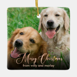 Rose Gold Pet Photo Script Holiday Christmas Ceramic Ornament