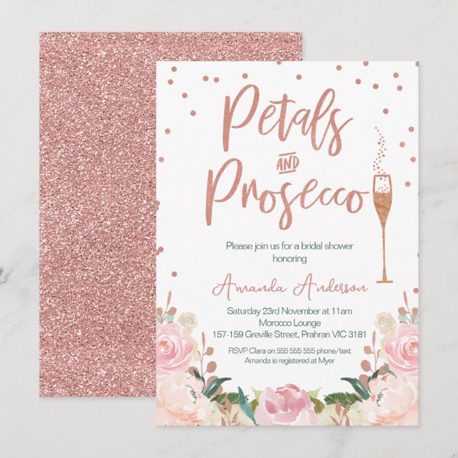 Rose Gold Petals Prosecco Bridal Shower Invitation (Front/Back)