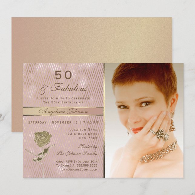 Rose Gold Photo 50th Birthday Invitation (Front/Back)