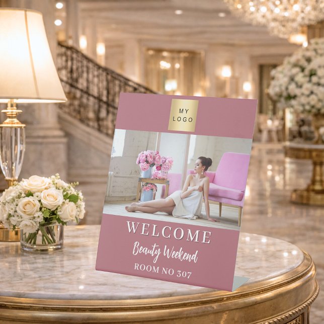 Rose gold photo business logo seminar welcome pedestal sign (Creator Uploaded)