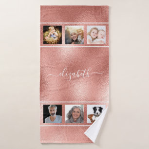 Rose gold photo collage monogram script bath towel
