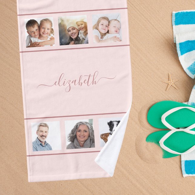 Rose gold photo collage monogram script hand towel (Creator Uploaded)
