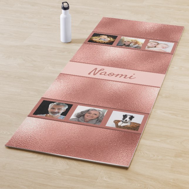 Rose gold photo collage name elegant yoga mat (In Situ)