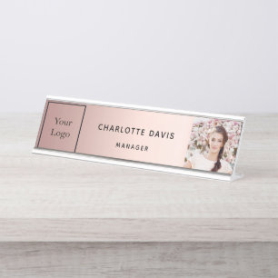 Rose gold photo elegant business logo desk name plate