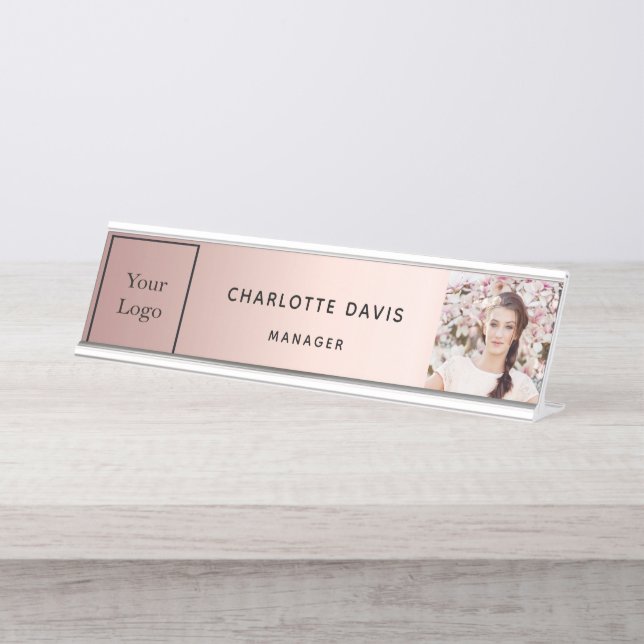 Rose gold photo elegant business logo desk name plate (Front)