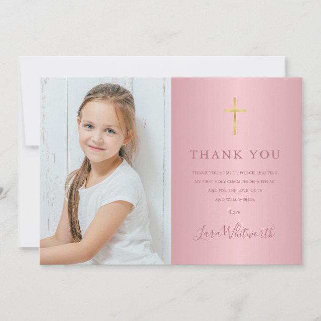 Rose Gold Photo First Holy Communion Thank You Card (Front)