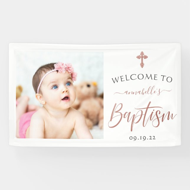 Rose Gold Photo Girl Baptism Welcome Banner (Horizontal)