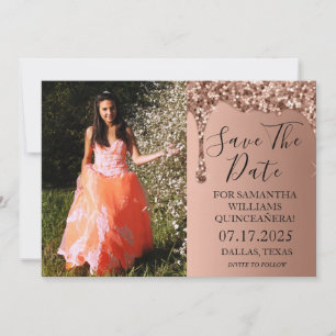 Rose Gold Photo Glitter Drips Quinceanera Save The Date